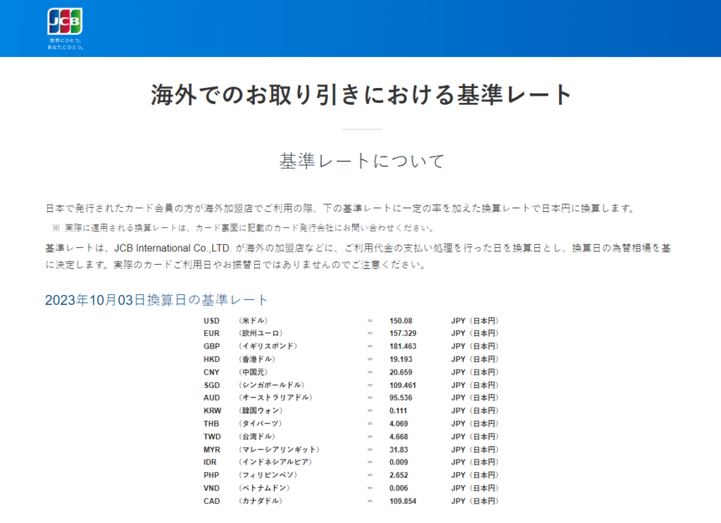 JCBの今日の基準レート